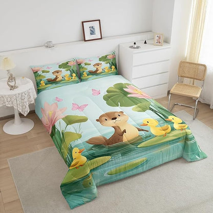 Cartoon Otter Kids Comforter Set Cute Duck Pink Lotus Butterfly Bedding Sets for Boys Girls Teens Lovely Wild Animal Rustic Style Comforter Duvet Set with 1 Pillowcase Twin Size 2 Pcs