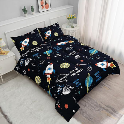 Space Rocket Comforter Set 3D Rocket Printed Bedding Set with 1 Comforter and 2 Pillowcases for Boys and Girls Bedroom All Season(Space-2 Full)