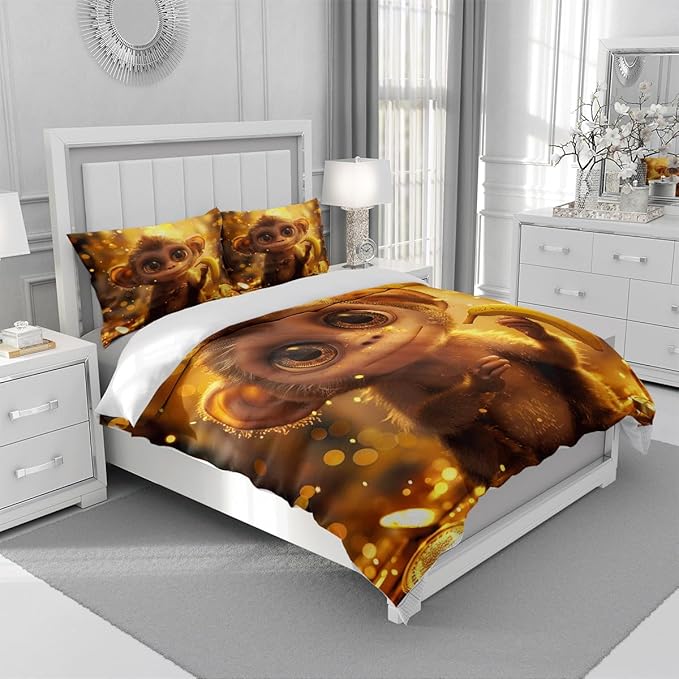 Cartoon Monkey Bedding Set Twin Size Little Monkey Duvet Cover Set Gold Monkey Quilted Duvet with 2 Pillow Case for Kids Boys Girls Teens,Twin