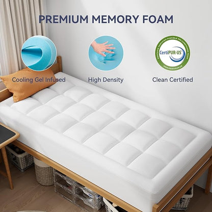 ELEMUSE 3 Inch Cooling Memory Foam Mattress Topper Twin XL, College Dorm Room Essentials, 2 Inch Pressure-Relief Memory Foam and 1 Inch Thick Soft Viscose Made from Bamboo Pillow Top for Hot Sleepers
