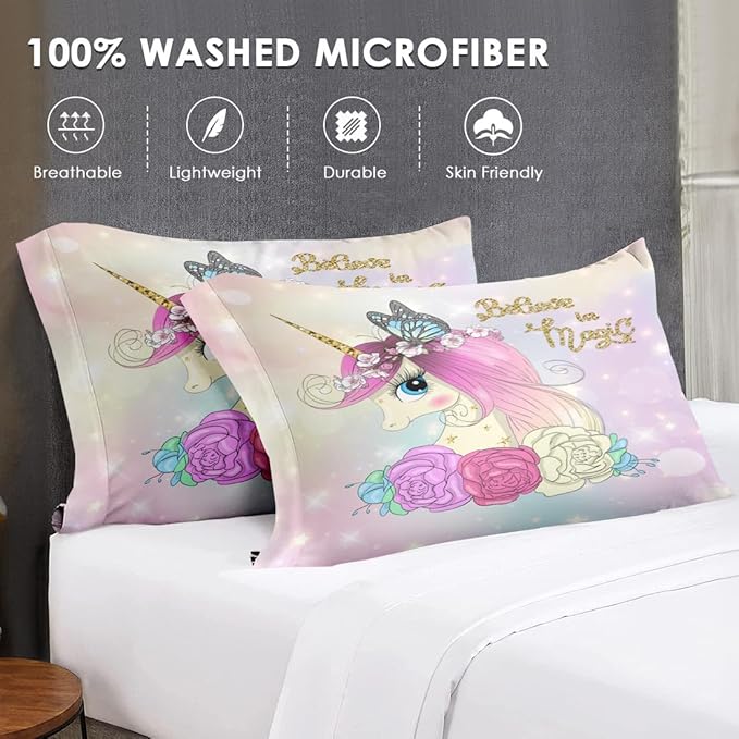 Full Size Comforter Set with 2 Pillowcases & 2 Shams, Cute Unicorn Butterfly 7 Pcs Bedding for Kids and Teens, Princess Flower Horse Bed in a Bag with Flat Fitted Sheet