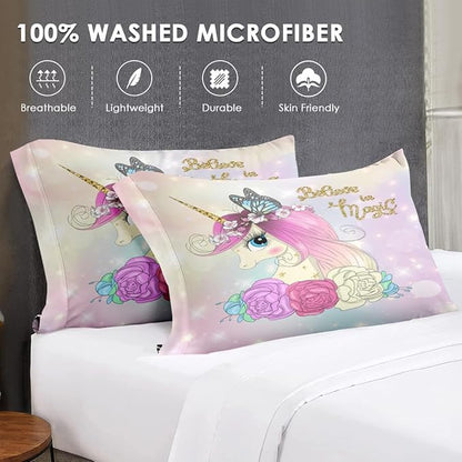 Twin Size Comforter Set with Pillowcase & Sham, Cute Unicorn Butterfly 5 Pcs Bedding for Kids and Teens, Princess Flower Horse Bed in a Bag with Flat Fitted Sheet