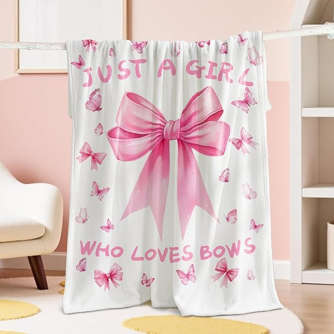 Bow Throw Blanket 60x80Inch Preppy Blanket Pink Bow Aesthetic Throw Blanket Coquette Flannel Soft Bow Plush Preppy Room Decor for Girls Women Birthday