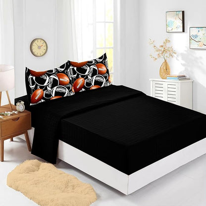 Cartoon Rugby Comforter Set 7Pcs Sports Brown Rugby American Football Bedding Set for Kid Teen Girl Boy Black White Rugby Quilt Bed Decor Full with 2 Sheets,2 Pillowcases,2 Throw Pillow Covers