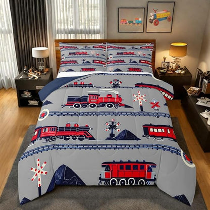 Red Train Toddler Bedding Set King Size for Girls Kids Boys Cartoon Car Comforter, Vintage Style Steam Engine Bedding Comforter Sets Traffic Transportation Track Duvet Set with 2 Pillowcases