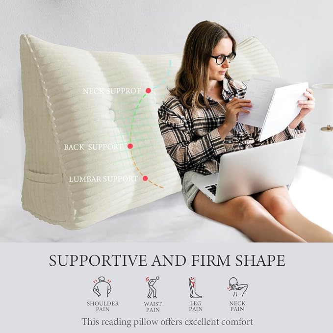 10 lbs Thickened Headboard Pillow Wedge Pillow Headboard Reading Pillow Bed for Comfortable Backrest Reading Triangular Pillow with Side Pocket Backrest Pillows for Sitting in Bed Full