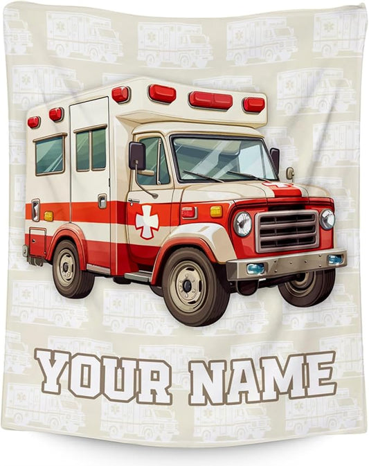 Personalized Ambulance Blanket, Cozy Soft Throw Gifts for Kids, Cute White Flannel Throw Blankets for Couch Office, 30x40 Inches