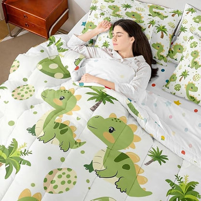 Feelyou Cute Dinosaur 7 Piece Bedding Set Cartoon Green Dinosaur Comforter Set with Sheets for Kids Boys Girls Animal Egg Bed in a Bag Coconut Tree Bed Set Soft Lightweight