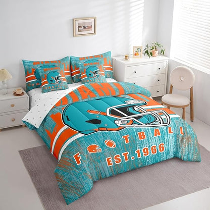 Erosebridal Boys Football Sports Helmet Bedding Set Full Size Bed in A Bag,Kids Football Comforter Sets with Sheets for Men Women Rugby Ball Gamed Bed Set 7 Pieces