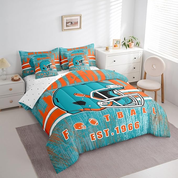 Erosebridal Boys Football Sports Helmet Bedding Set King Size Bed in A Bag,Kids Football Comforter Sets with Sheets for Men Women Rugby Ball Gamed Bed Set 7 Pieces