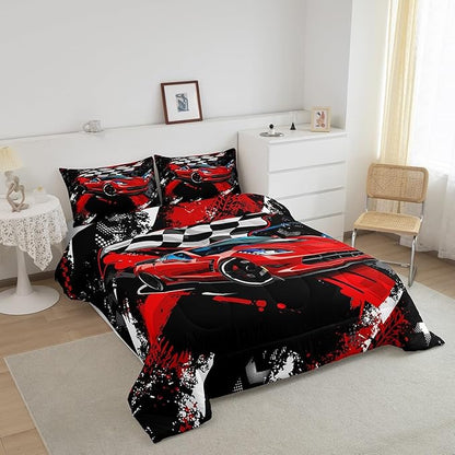 Feelyou Car Bedding Set for Boys Queen Size Racing Sports Car Comforter Kids Extreme Sports Theme Comforter Set Girls Children Bedroom Teens Cool Speed Automobile Decor Bed Duvet Set Soft Lightweight