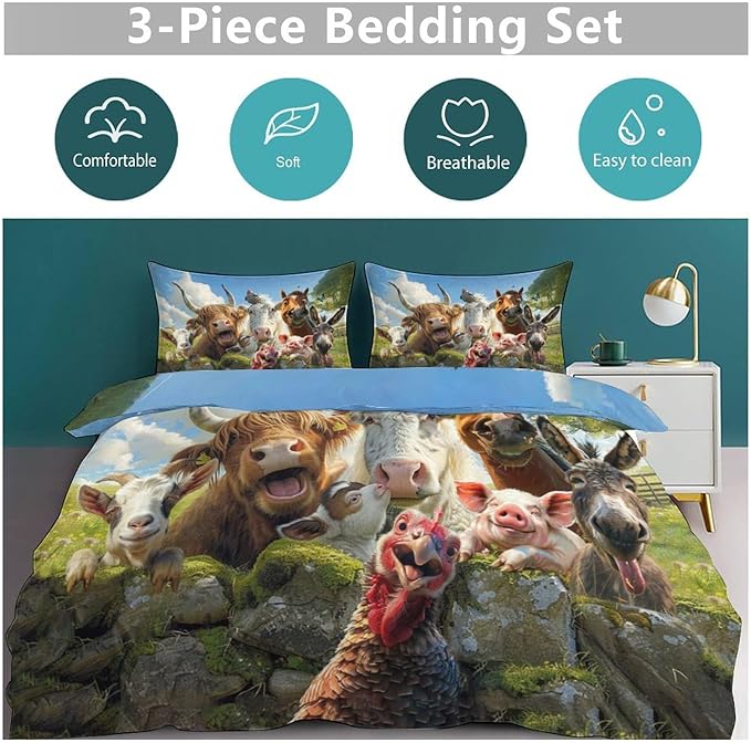Funny Animals Bedding Set 3 Pieces Soft Lightweight Microfiber Farmhouse Cow Donkey Pig Bedspread Coverlet Set Fun Horse Duvet Cover Twin Full Queen King for Comforter Bed Set for Girls Boys Women Men
