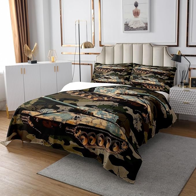 Erosebridal Boys Car Bedspread Camouflage Tank Cannon Quilted for Kids Children Military Vehicle Coverlet Set Retro Camo Vintage Style Bedspread Quilt Set 3Pcs with 2 Pillow Case Queen Size