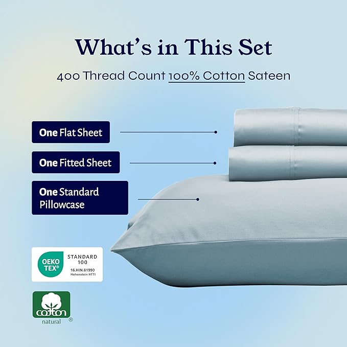 California Design Den Twin XL Sheet Sets - Soft 400 Thread Count Sateen, Natural 100% Cotton Sheets Set with Deep Pockets, and Durable Bedding - Sky Blue