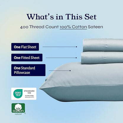California Design Den Twin XL Sheet Sets - Soft 400 Thread Count Sateen, Natural 100% Cotton Sheets Set with Deep Pockets, and Durable Bedding - Sky Blue