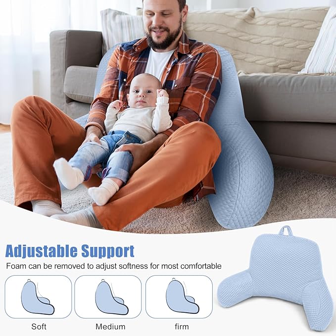 Reading Pillow, Silk Back Support Pillow for Bed Sitting Up, Large Bed Rest Pillow with Arms for Adults,Back Support Pillow for Couch and Chair, Blue