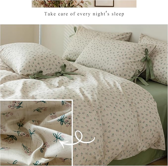 AOJIM Green Floral Print Duvet Cover Set for Kids Adults, 100% Cotton Soft Bedding Comforter Cover 3pcs for Room Decor, 1 Exquisite Quilt Cover Twin Size and 2 Pillowcases with Bow Ties, No Comforter