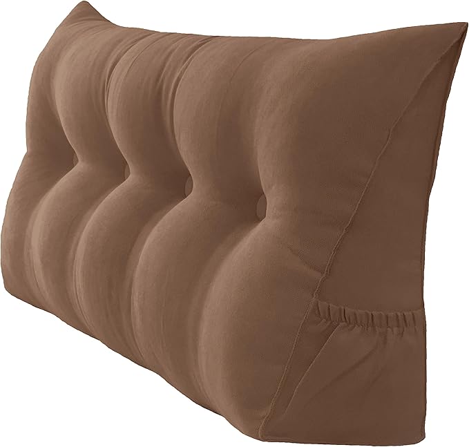 Triangular Reading Bed Rest Pillow Large Bolster Cushion Headboard Backrest Wedge Pillow with Removable Cover and Two Large Side Pockets (Brown, 47 x 8 x 20 inches)