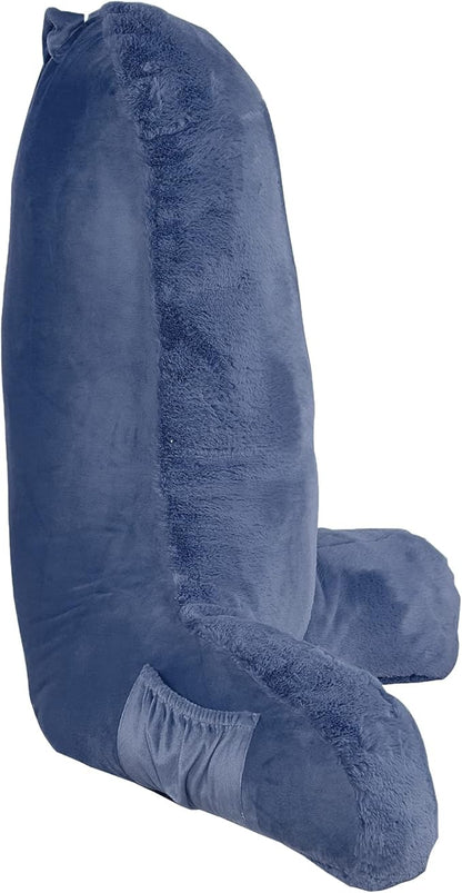 Faux Fur Assembly Need DIY Extra Large Backrest Reading Bed Rest Pillow with Arms and Pockets for Sitting in Bed Couch Sofa, Removable Cover & Filling Seprated, 28" x 30" x17",Dark Blue
