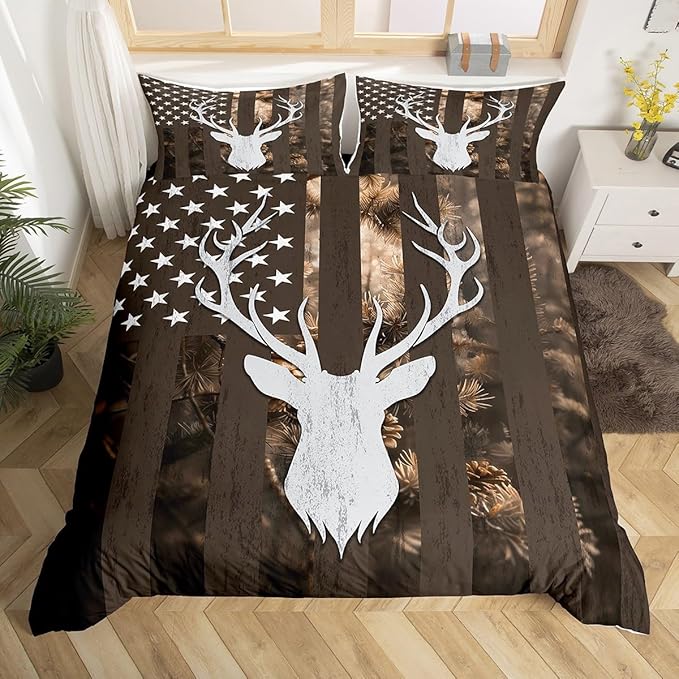 Camo American Flag Duvet Cover Queen Size, Brown Deer and Trees Silhouette Natural Style Bedding Comforter with 2 Pillowcases, 3pcs National Flag Camouflage Bedding Set for Children Adult