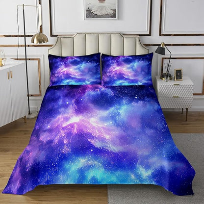 Erosebridal Blue Purple Galaxy Bedspread King Size, Girls Starry Sky Bedding Set Space Universe Star Coverlet Set for Kids Teen Bedroom Decor, Constellation Planet Comfortable Quilted
