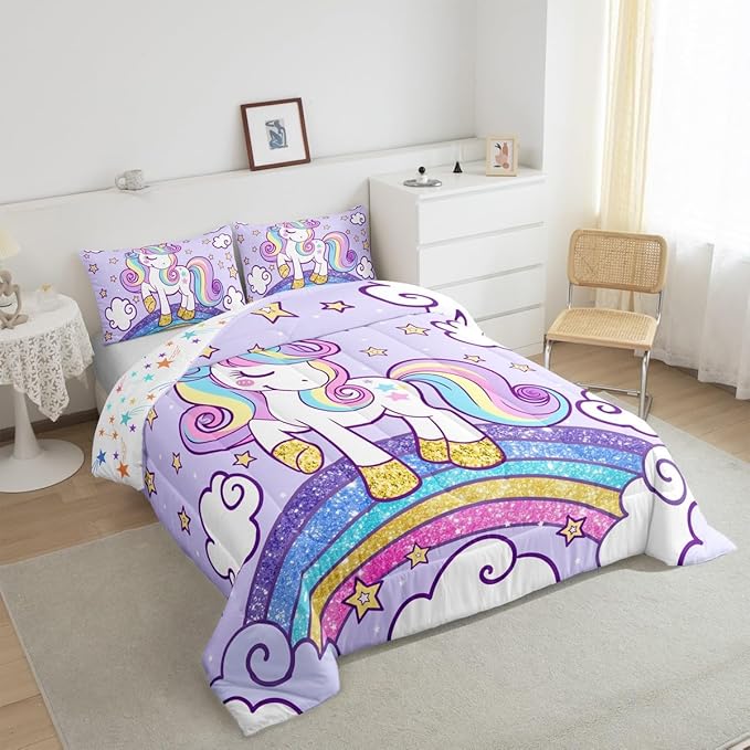 Feelyou Unicorn Bedding Queen Bed Sets for Girls Light Purple Cute Unicorn Comforter for Girls Comforter Set Star Print Kawaii Duvet Quilt Bedroom Decor Rainbow Bedding Cartoon Quilt,All Season