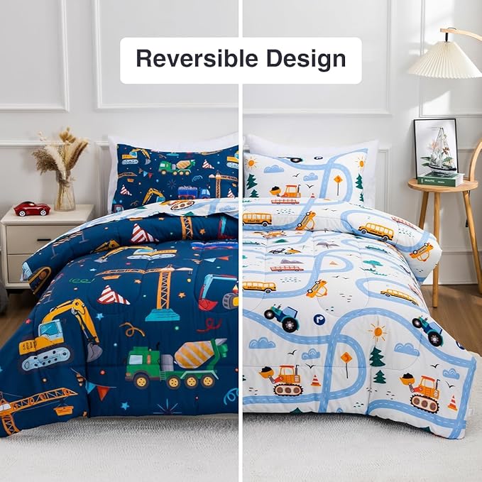 Holawakaka Trucks Tractors Cars Boy Bedding Comforter Set with Sheets, Full Size Cartoon Construction Car Excavator Print Kids Bed in A Bag 5-Piece, Boys Reversible Dorm Bed Sets (Navy Blue Full)