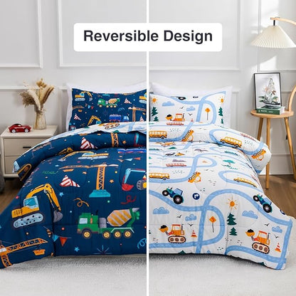 Holawakaka Trucks Tractors Cars Boy Bedding Comforter Set with Sheets, Full Size Cartoon Construction Car Excavator Print Kids Bed in A Bag 5-Piece, Boys Reversible Dorm Bed Sets (Navy Blue Full)