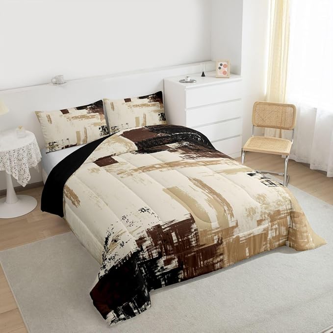 Feelyou Abstract Bedding Set Kids Modern Abstract Art Comforter Set Brown Grey Black Comforter for Boys Room Decor Lightweight Duvet Set Full Size with 2 Pillow Case