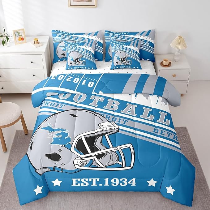 Erosebridal Queen Comforter Set Gridiron Theme Bedding 7 Pieces, 3D Sports Helmet Comforter + Flat Sheet + Fitted Sheet + 2 Pillowcases + 2 Throw Pillow Covers