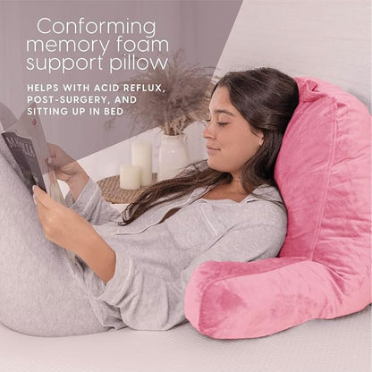 Milliard Reading Pillow with Arms, Pink, Cozy Shredded Memory Foam Back Pillow for Bed Sitting Up - Sit Up Backrest Support for Reading & Rest Bed - Washable Cover, Adjustable Comfort, CertiPUR