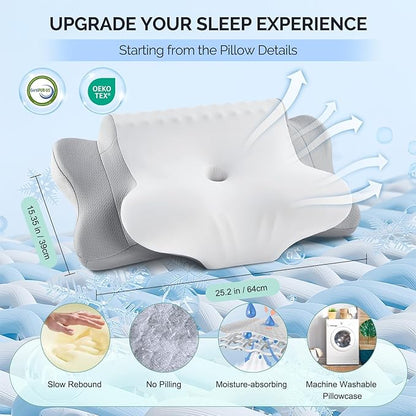 Cervical Pillow for Neck Pain Relief，Ergonomic Cooling Dual-Sided Orthopedic Neck Pillow with Ice Silk Pillowcase, Breathable Memory Foam Contour Pillow for Side, Back, Stomach Sleepers