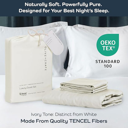 Olive + Crate Tencel Eucalyptus Cooling Duvet Cover Set - Hypoallergenic, Lyocell Tencel Duvet Cover - Soft, Temperature Regulating with Hidden Button Closure & Corner Ties - King Size [Ivory]