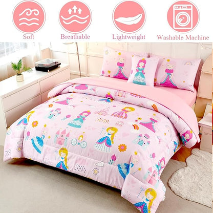 ANGIYUIN 6Pcs Pink Princess Kids Comforter Set Full Cute Rainbow Girl Bed in A Bag Fairy Tales Castle Bedding Set(1 Comforter, 1 Flat Sheet, 1 Fitted Sheet, 2 Pillowcases,1 Square Pillowcases)