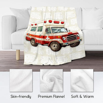 Ambulance Blanket, Cozy Soft Throw Gifts for Kids, Cute White Flannel Throw Blankets for Bed Couch, 60x80 Inches