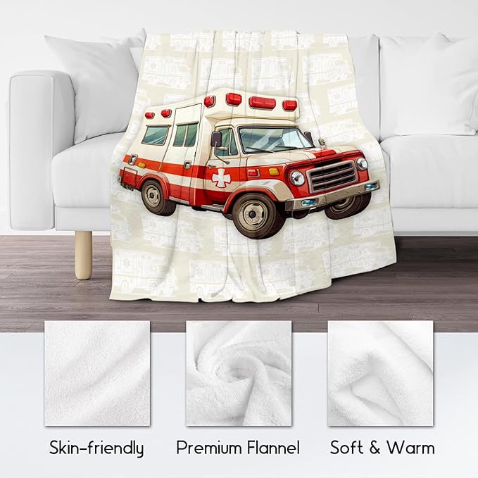 Ambulance Blanket, Cozy Soft Throw Gifts for Kids, Cute White Flannel Throw Blankets for Couch Sofa, 40x50 Inches