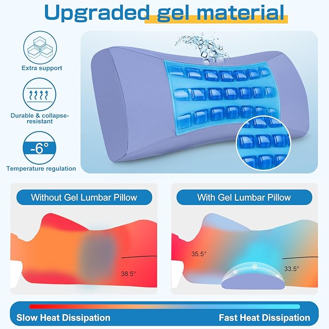 Lumbar Support Pillow for Bed Relief Lower Back Pain with Cooling Gel: Sciatica Lower Back Pillow for Sleeping-Memory Foam Waist Pillow for Side/Back/Stomach