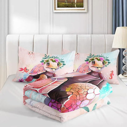 CVHOUSE Kawaii Sea Turtle Comforter Set Twin Size, Tie Dye Turtle Quilt Set, Ocean Decor 3 Pieces