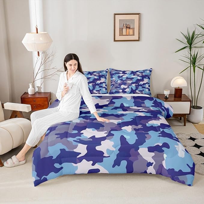 Camouflage Print Full Size Comforter Set,Blue Gray Purple Reversible Bedding Set Bedroom Collection,Army Camo Pattern Abstract Soft Quilted Duvet for Girls Teens