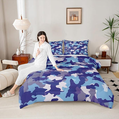 Camouflage Print Full Size Comforter Set,Blue Gray Purple Reversible Bedding Set Bedroom Collection,Army Camo Pattern Abstract Soft Quilted Duvet for Girls Teens