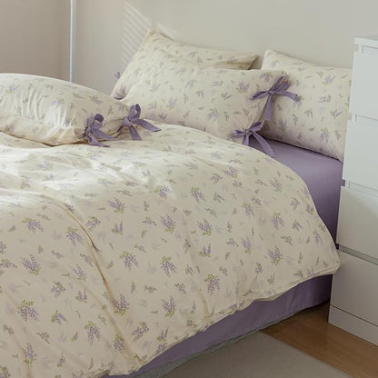 AOJIM Purple Floral Print Duvet Cover Queen Size for Room Decor, Vintage Style Cotton Kids Adults Comforter Cover Set, 1 Soft Quilt Cover 68x86'' and 2 Pillowcases 20x26'' with Bowknot, No Comforter