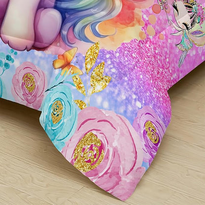 Cute Unicorn Comforter Set Full for Girls Kids, Rainbow Unicorn Flower Print Galaxy Bedding Set,Soft Microfiber Cartoon Comforter Set with 2 Pillowcases,Toddler Bedding Set