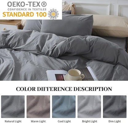 NEXHOME PRO Cotton Duvet Cover Queen Size Linen Look Textured Organic Natural 100% Washed Cotton Duvet Cover 3 Pieces Bedding Set with Zipper Closure, Breathable, Soft, Grey (No Comforter)