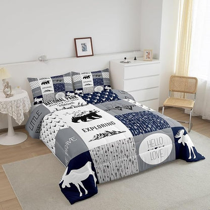 Feelyou Bear Deer Comforter Set Hunting Camping Bedding Set for Kids Boys Girls Deer Antler Comforter Rustic Cabin Plaid Duvet Set 1 Comforter Set with 2 Pillowcases King Size Boys