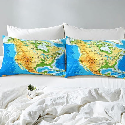 Feelyou World Map Soft Comforter Set Kids Topographic Map of The World Continents Countries Oceans Mountains Bedding Set Blue Green Quilt Decor Room Decor 3Pcs Queen Size