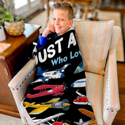 Custom Airplane Blanket for Boys Kids Child Toddler Just A Boy Who Loves Planes Blanket Warm Plush Fleece Planes Throw for Bed Sofa Office Decor Custom Airplane Gifts Ideas 60"x80"-L
