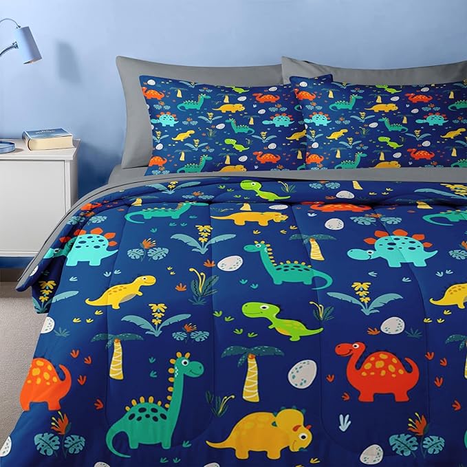 Nesker Comforter Set Full Size, Blue Dino 7 Pcs Bedding for Kids Teens, Dinosaur with Fitted Sheet 2 Pillowcases & 2 Shams for Bedroom Bed Decor