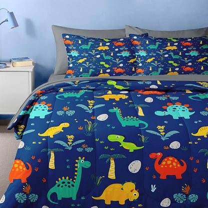 Nesker Comforter Set Full Size, Blue Dino 7 Pcs Bedding for Kids Teens, Dinosaur with Fitted Sheet 2 Pillowcases & 2 Shams for Bedroom Bed Decor