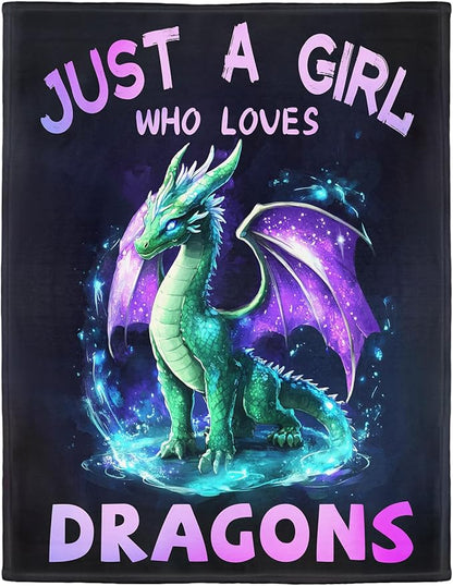 Dragon Lover Blanket, Just A Girl Who Loves Dragons Blanket, Soft Warm Cozy Fleece Throw, Gifts for Girls Women Kids, 60"x80", Black