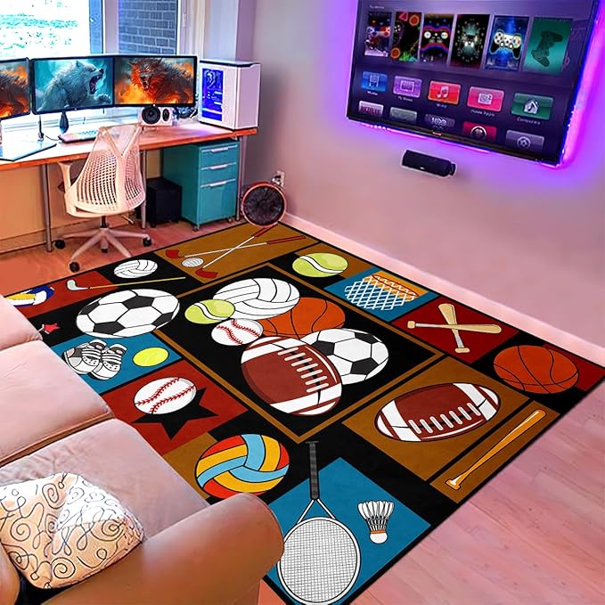 Sports Rugs for Boys Bedroom - Basketball Rug for Boys Bedroom Kids Carpet Sports Theme Basketball, Soccer, Baseball Carpet for Living Room Floor Mat Welcome Mat, 4.5x6 Feet